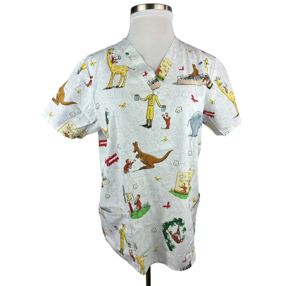 ✨2/$20 Curious George Adventures Cartoon Nurse CNA V-Neck Scrub Top Large - Picture 6 of 13